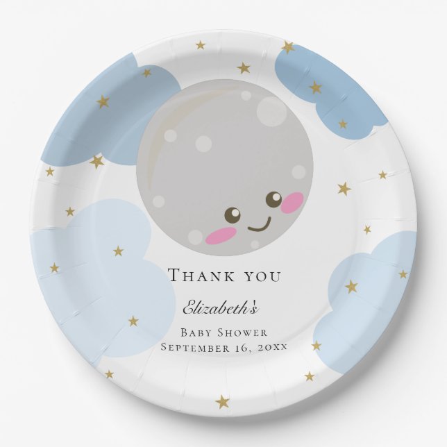 Over the Moon Baby Shower Blue Cute Gold Kawaii  Paper Plate (Front)