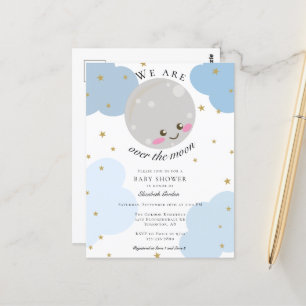 Over the Moon Baby Shower Blue Cute Kawaii Postcard