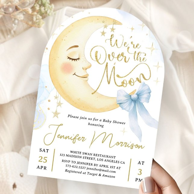 Over the Moon Baby Shower Boy Blue Bow Arch Invitation (Creator Uploaded)