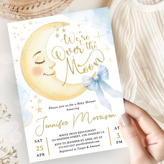 Over the Moon Baby Shower Boy Blue Bow Moon Invitation (Creator Uploaded)
