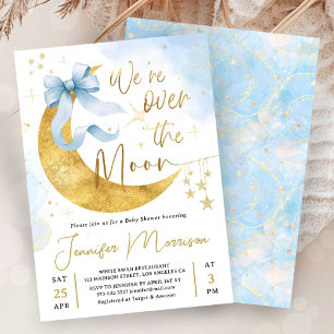 Over the Moon Baby Shower Boy Dusty Blue Gold  Invitation