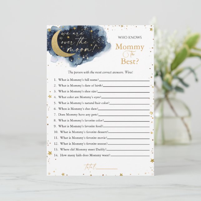 Over the Moon Baby Shower Game Who Knows Mummy Fly Invitation (Standing Front)