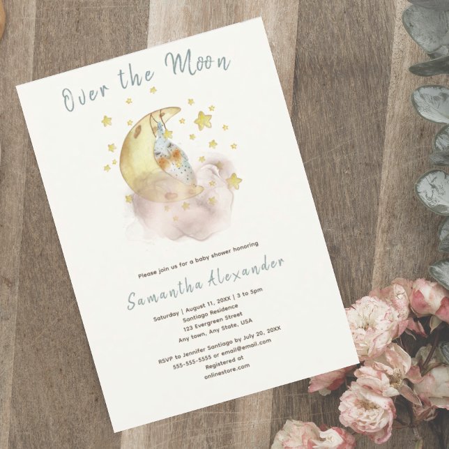 Over The Moon baby shower Invitation (Over the Moon baby shower invitation. Cute bunny sleeping on crescent moon among starry  background.)