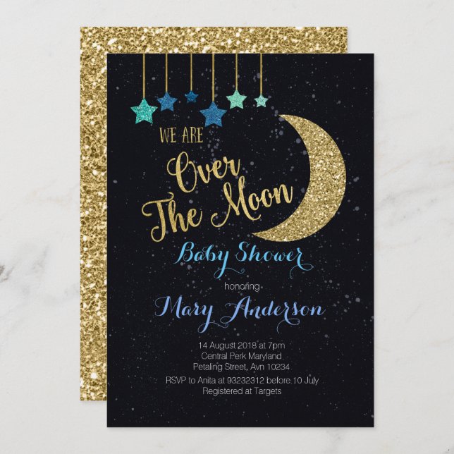 Over the Moon Baby Shower Invitation for boy (Front/Back)