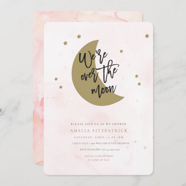 Over the Moon Baby Shower Invitation Girl (Front/Back)