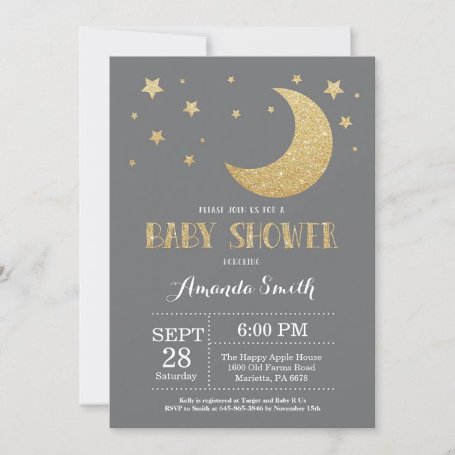 Over the Moon Baby Shower Invitation Gold Glitter (Front)