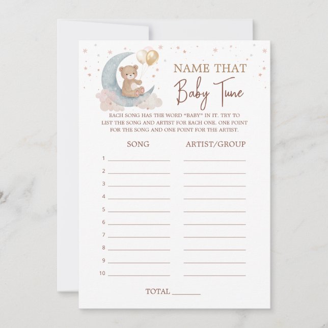 Over the Moon Baby Shower Name That Baby Tune Card (Front)