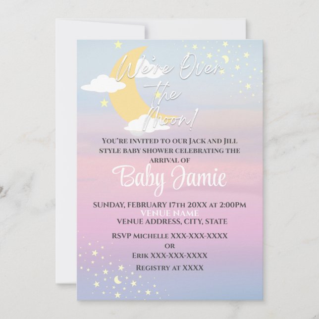 Over the Moon Baby Shower Pink Purple Girl Stars Invitation (Front)