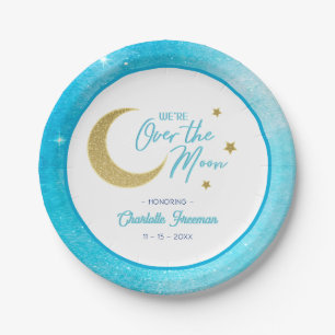 Over the Moon Baby Shower Plates – Blue Watercolor