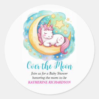 Over the Moon Baby Shower – Sleeping Unicorn  Classic Round Sticker
