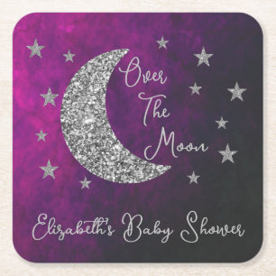 Over The Moon Baby Shower Square Paper Coaster