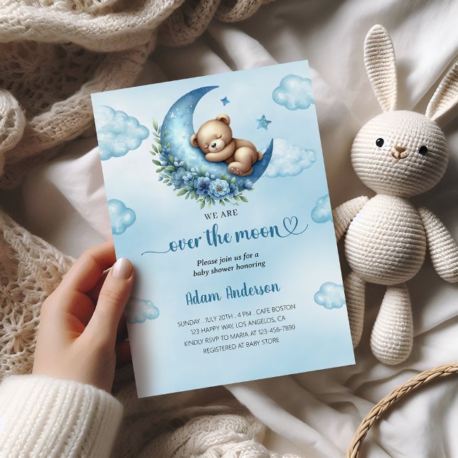 Over the Moon Baby Shower  – Teddy Bear & Moon  Invitation (Creator Uploaded)