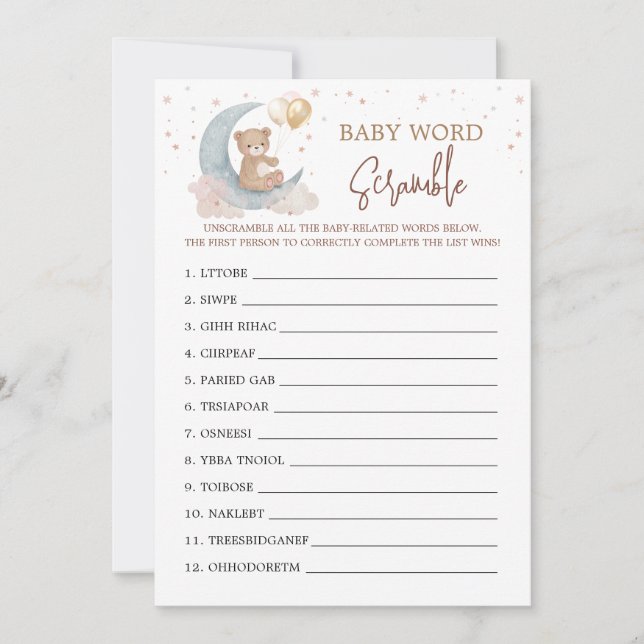 Over the Moon Baby Shower Word Scramble Game Card (Front)