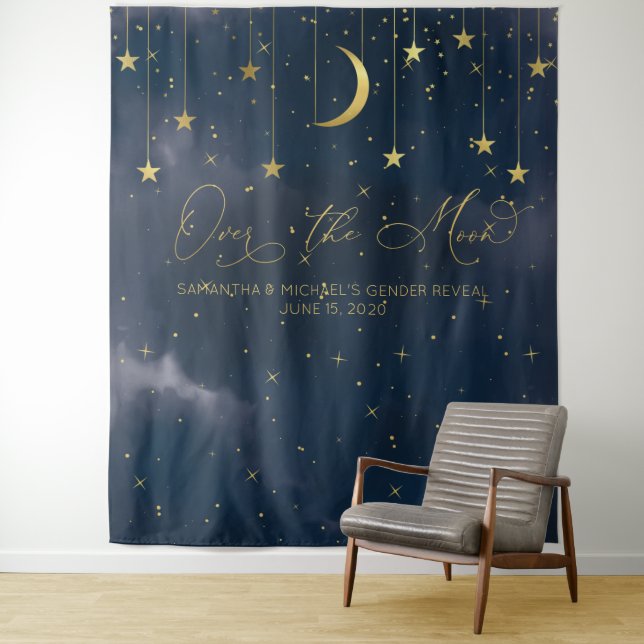 Over the Moon Backdrop, Baby Shower Backdrop, Navy Tapestry (In Situ)
