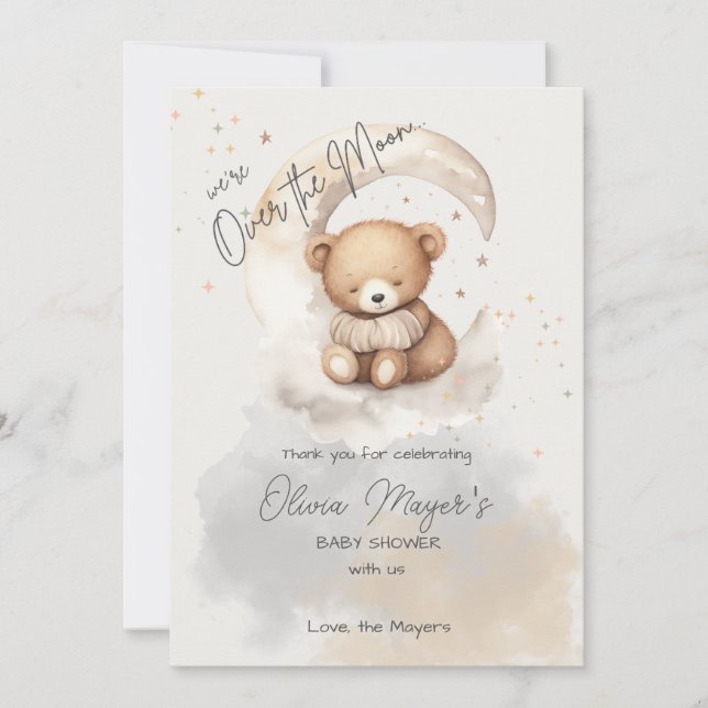 Over the Moon Bear Baby Shower Thank You Card (Front)