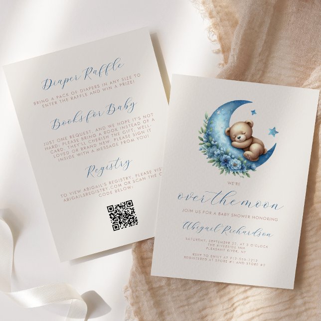 Over the Moon Bear Blue Boy QR Code Baby Shower Invitation (Creator Uploaded)