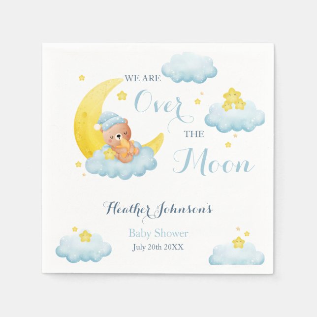 Over The Moon Bear Boy Baby Shower Napkin (Front)