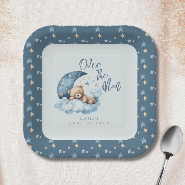 Over the Moon Bear Teddy Blue Baby Shower Paper Plate (Creator Uploaded)