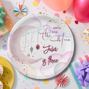 Over the moon beautiful pastel kids birthday paper plate
