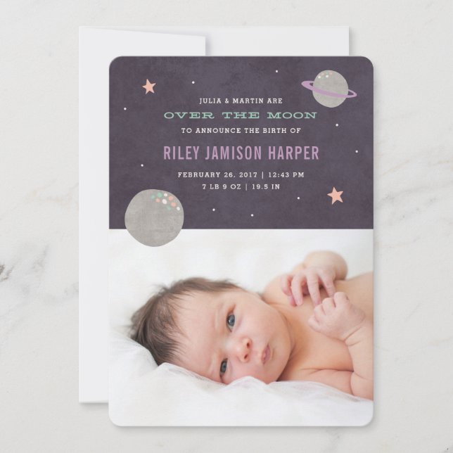 Over the Moon Birth Announcement - Lilac (Front)