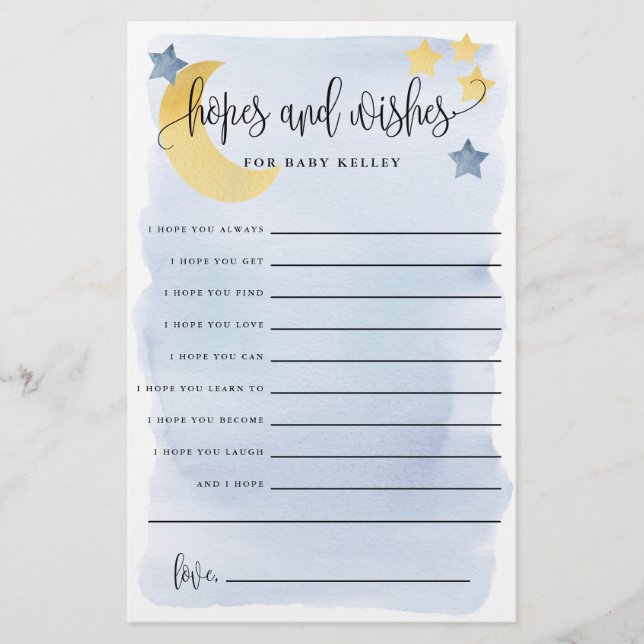 Over The Moon, Blue Baby Hopes & Wishes Paper Card (Front)