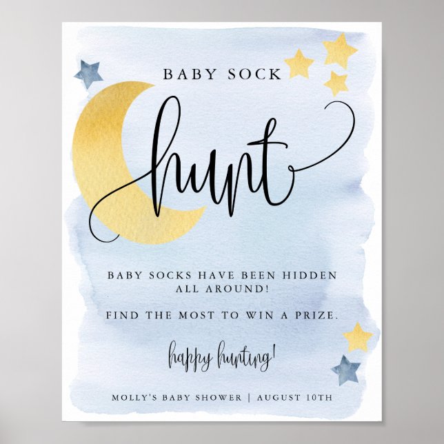 Over the Moon, Blue Baby Shower Sock Hunt Game Poster (Front)
