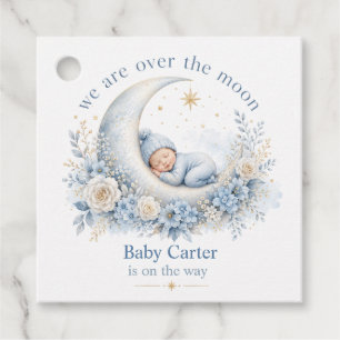 Over the Moon Blue Baby Shower with Custom Name Favour Tags
