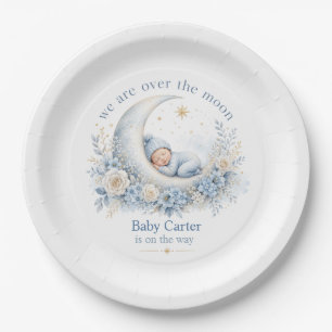 Over the Moon Blue Baby Shower with Custom Name Paper Plate