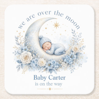 Over the Moon Blue Baby Shower with Custom Name Square Paper Coaster