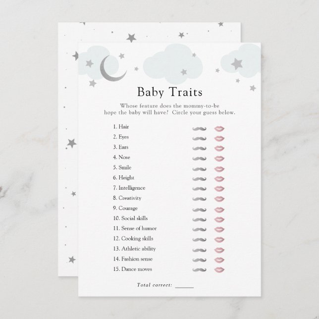 Over the Moon Blue Baby Traits Shower Game Card (Front/Back)