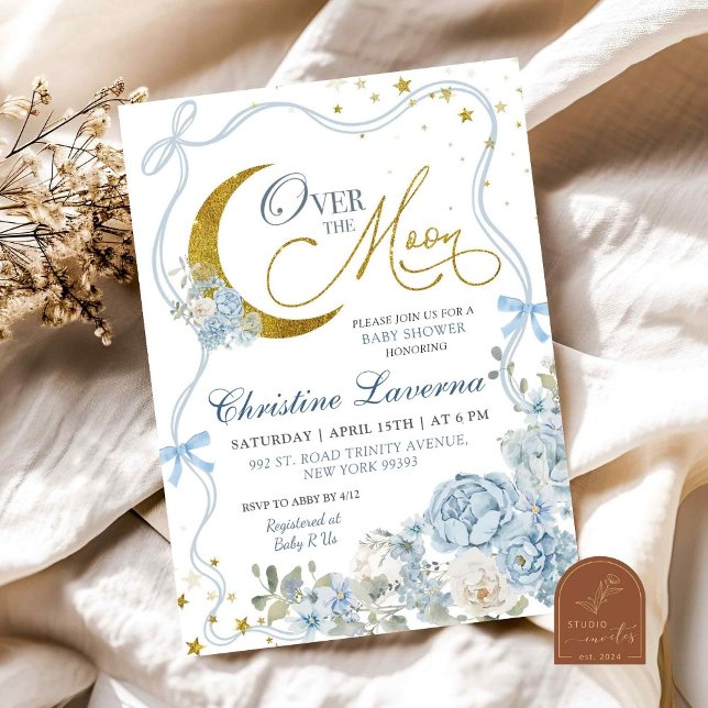 Over The Moon Blue Bow Hydrangea Baby Shower Invitation (Creator Uploaded)