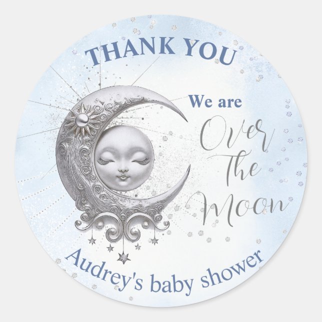 Over The Moon Blue Boy Baby Shower Classic Round Sticker (Front)