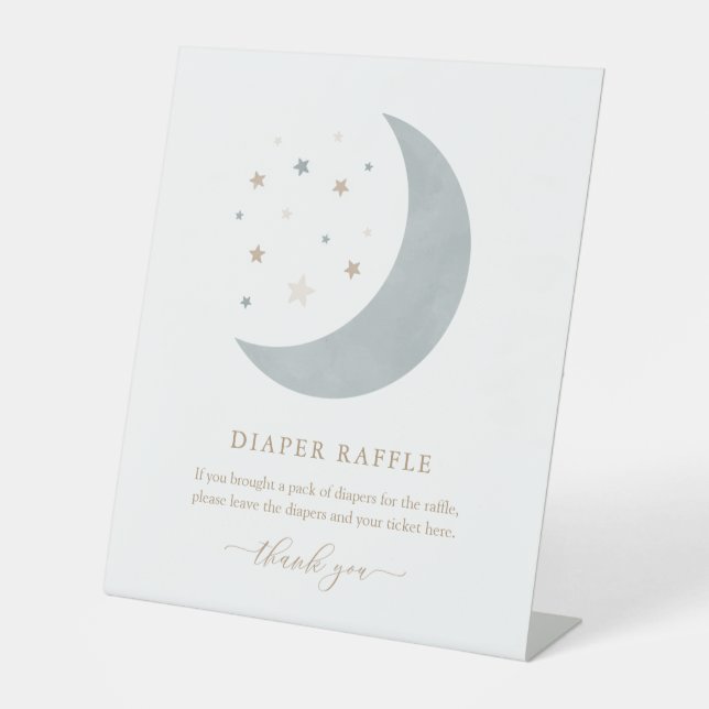 Over the Moon Blue Boy Baby Shower Diaper Raffle Pedestal Sign (Front)