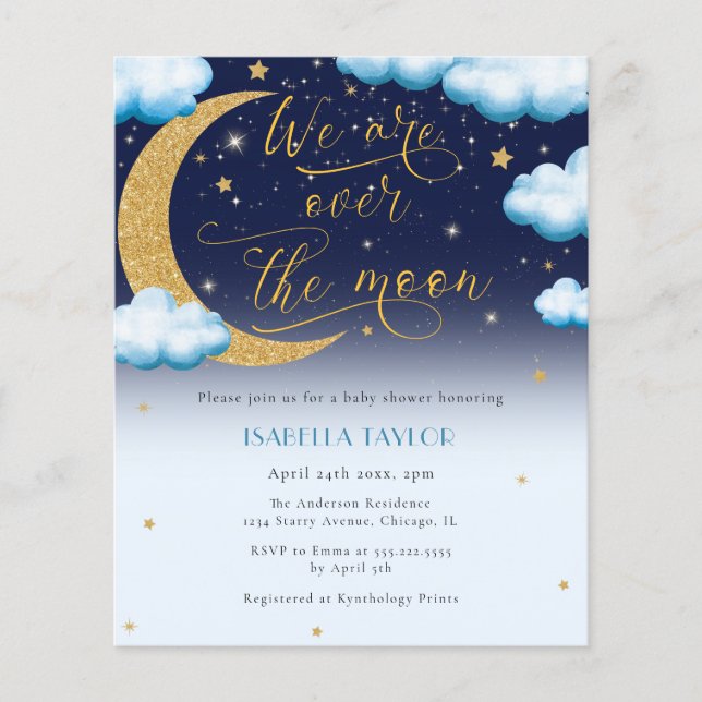 Over the Moon Blue Boy Baby Shower Flyer (Front)