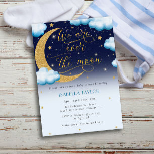 Over the Moon Blue Boy Baby Shower Invitation
