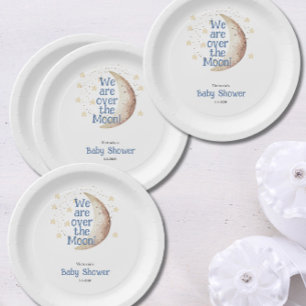 Over the Moon Blue Boy Baby Shower  Paper Plate