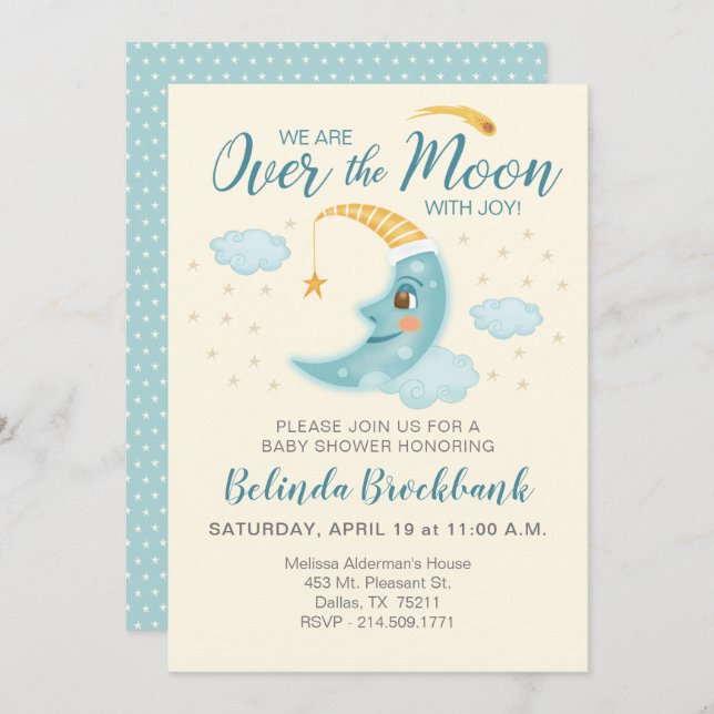 Over the Moon Blue Boy Space Baby Shower Invitation (Front/Back)