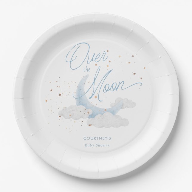 Over The Moon Blue Gold Stars Baby Shower Paper Plate (Front)