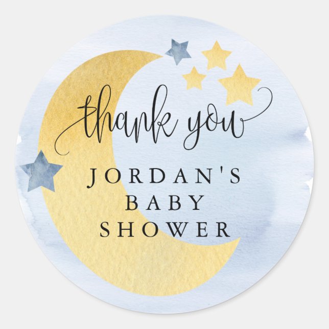 Over the Moon, Blue Personalised Baby Shower Favou Classic Round Sticker (Front)