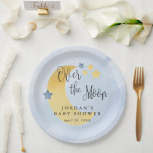 Over the Moon, Blue Personalised Baby Shower Paper Plate