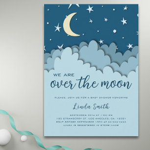 Over the Moon Blue Stars Boy Baby Shower Invitation