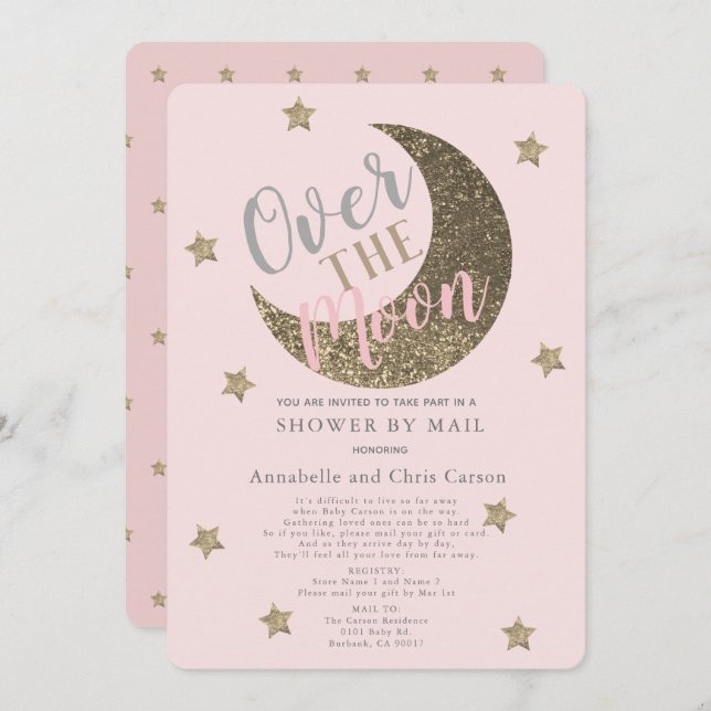 Over the Moon Blush Pink Baby Shower By Mail Invitation (Front/Back)