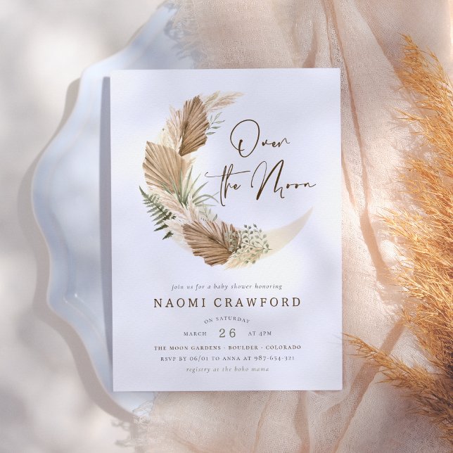 Over The Moon Boho Palm & Pampas Grass Baby Shower Invitation (Creator Uploaded)
