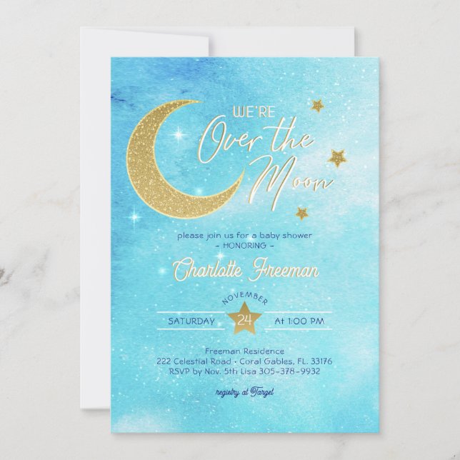 Over the Moon Boy Baby Shower Invitation – Blue  (Front)