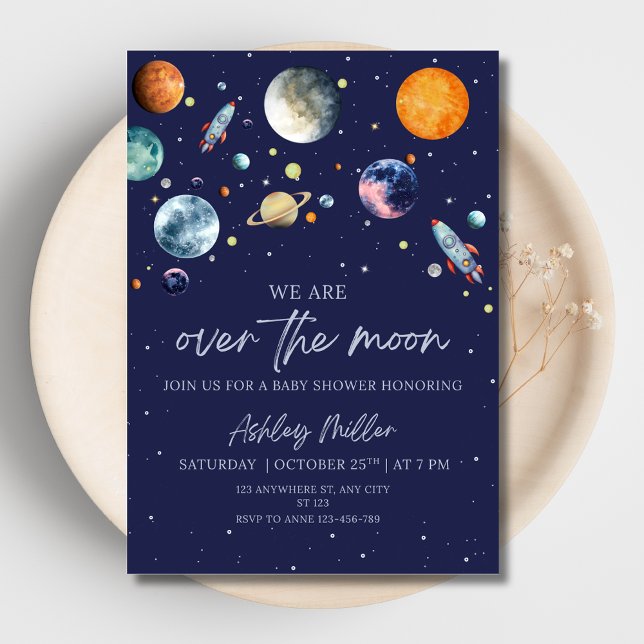 Over The Moon Boy Baby Shower Invite, Outer Space (Creator Uploaded)