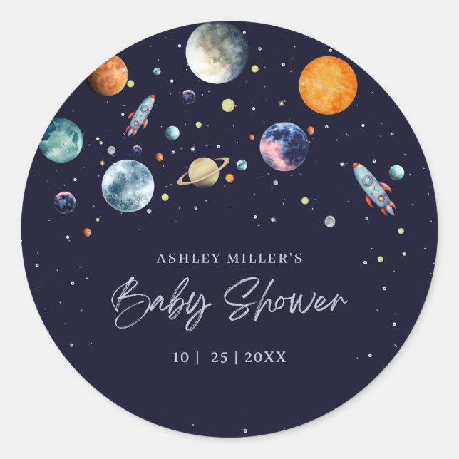 Over The Moon Boy Baby Shower Invite, Space Galaxy Classic Round Sticker (Front)