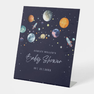 Over The Moon Boy Baby Shower Invite, Space Galaxy Pedestal Sign