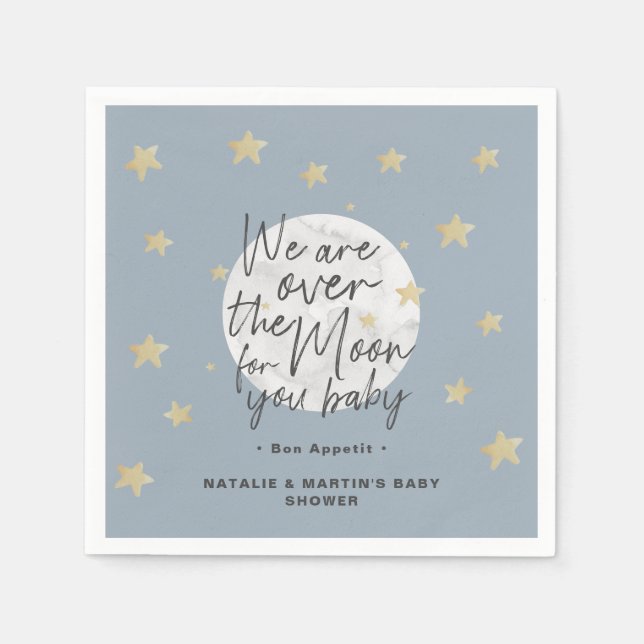 Over The Moon Boy Baby Shower Paper Napkins (Front)