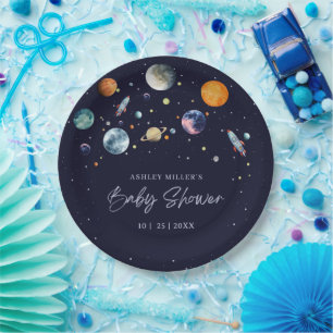 Over The Moon Boy Baby Shower Party Space Galaxy Paper Plate