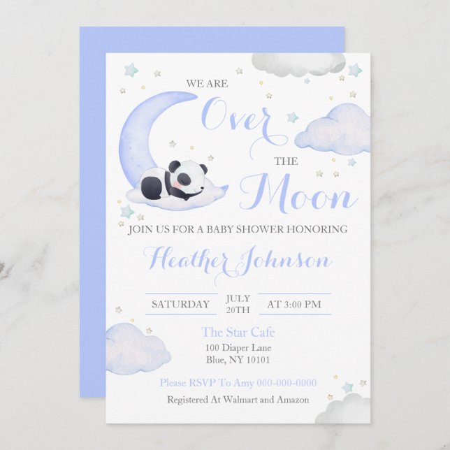 Over The Moon Boy Panda Bear Baby Shower Invitation (Front/Back)